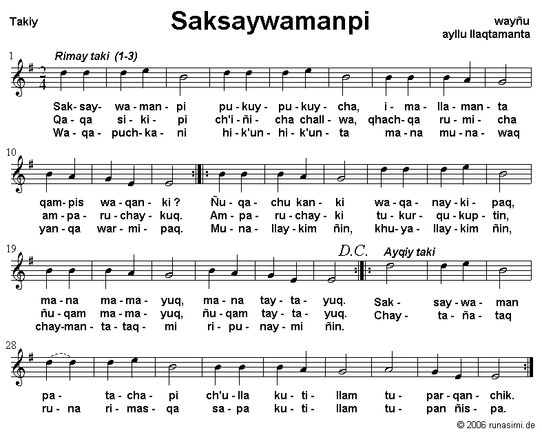 Saksaywamanpi - takina qillqasqa -  2006 runasimi.de